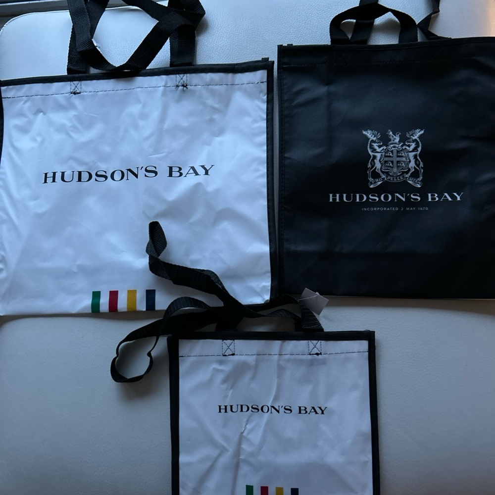 Set of 3 brand new Hudson's Bay plastic reusable Totes , two with stripes